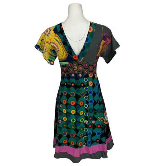 Desigual Dress S Colorful Embroidered Short Sleeve Tiered V-Neck Art To Wear - Picture 2 of 13